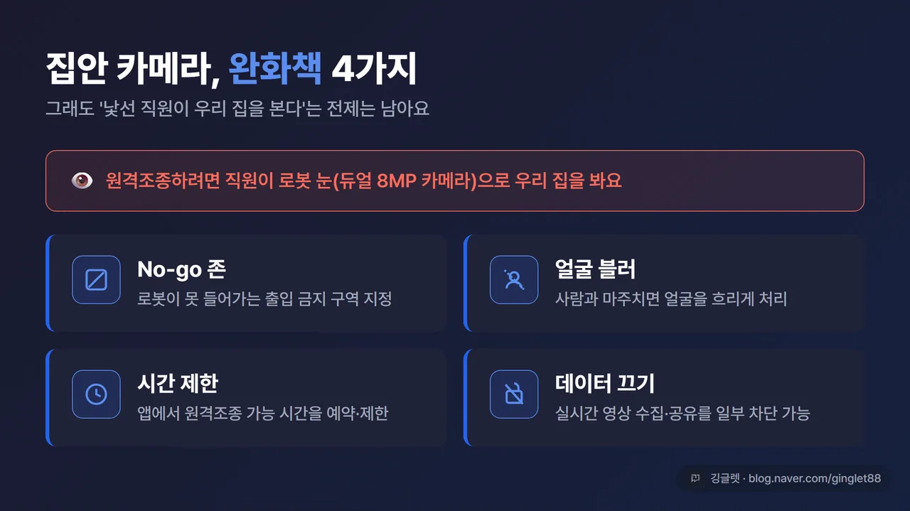 본문 관련 - 집 안 일부 구역에 ‘No-go 존’ 표시가 된 거실 평면도 + 얼굴 블러 처리 아이콘, 프라이버시 완화책 4가지를 작은 아이콘으로 정리. 액센트 블루 #2563EB
