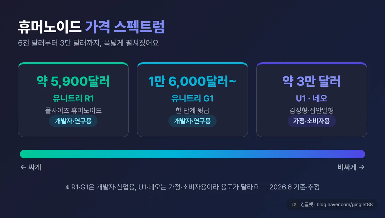 인포그래픽 - 가격 스펙트럼 가로 막대. 유니트리 R1 약 5,900달러(개발자용) → G1 1만 6,000달러(개발자용) → U1·네오 약 3만 달러(소비자용). 용도 구분 캡션, “2026.6 기준·추정” 라벨, 우하단 워터마크