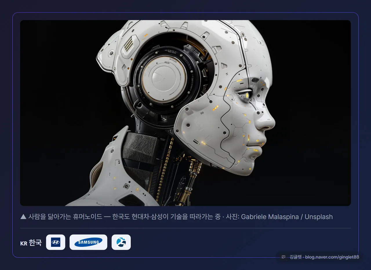 사진 카드 - 미래형 로봇/연구실 무드 컷(Unsplash 또는 Pixabay에서 ‘humanoid robot’ ‘robotics lab’ 검색·다운로드해 다크 카드로 감싸고 출처 캡션 + 우하단 워터마크 처리). 캡션: 한국도 현대차·삼성이 기술을 따라가는 중