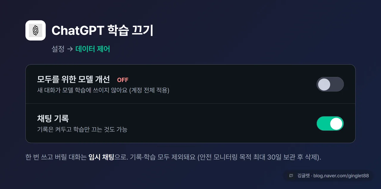 ChatGPT 설정 → 데이터 제어 화면 스크린샷, “모두를 위한 모델 개선” 토글이 OFF로 보임