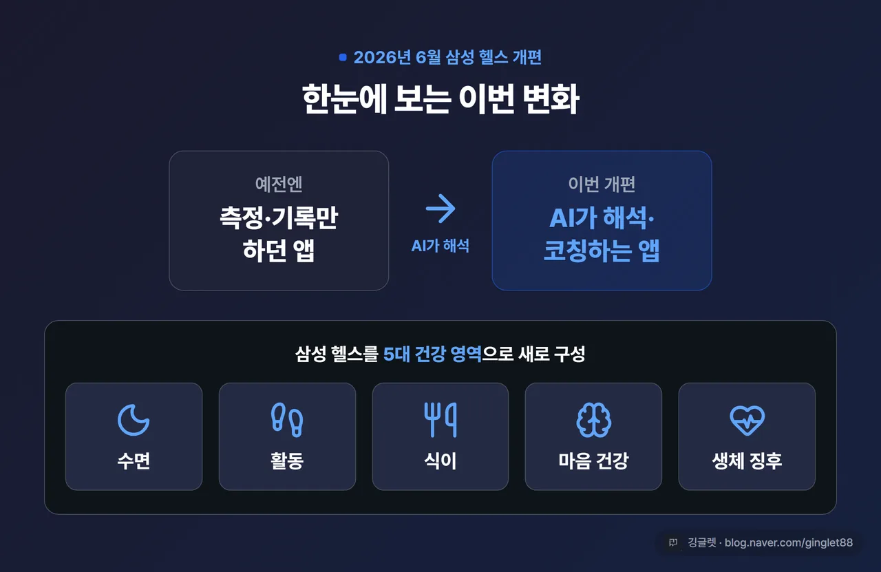 2026년 6월 삼성 헬스 개편 한눈에 - 5대 건강 영역과 측정만에서 AI 해석·코칭으로의 변화