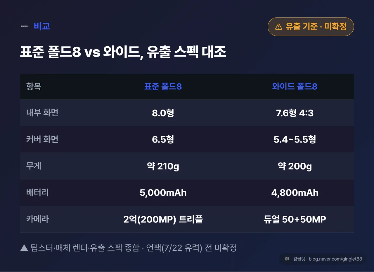 표준 폴드8 vs 와이드 폴드 유출 스펙 비교표 - 내부화면·커버화면·무게·배터리·카메라
