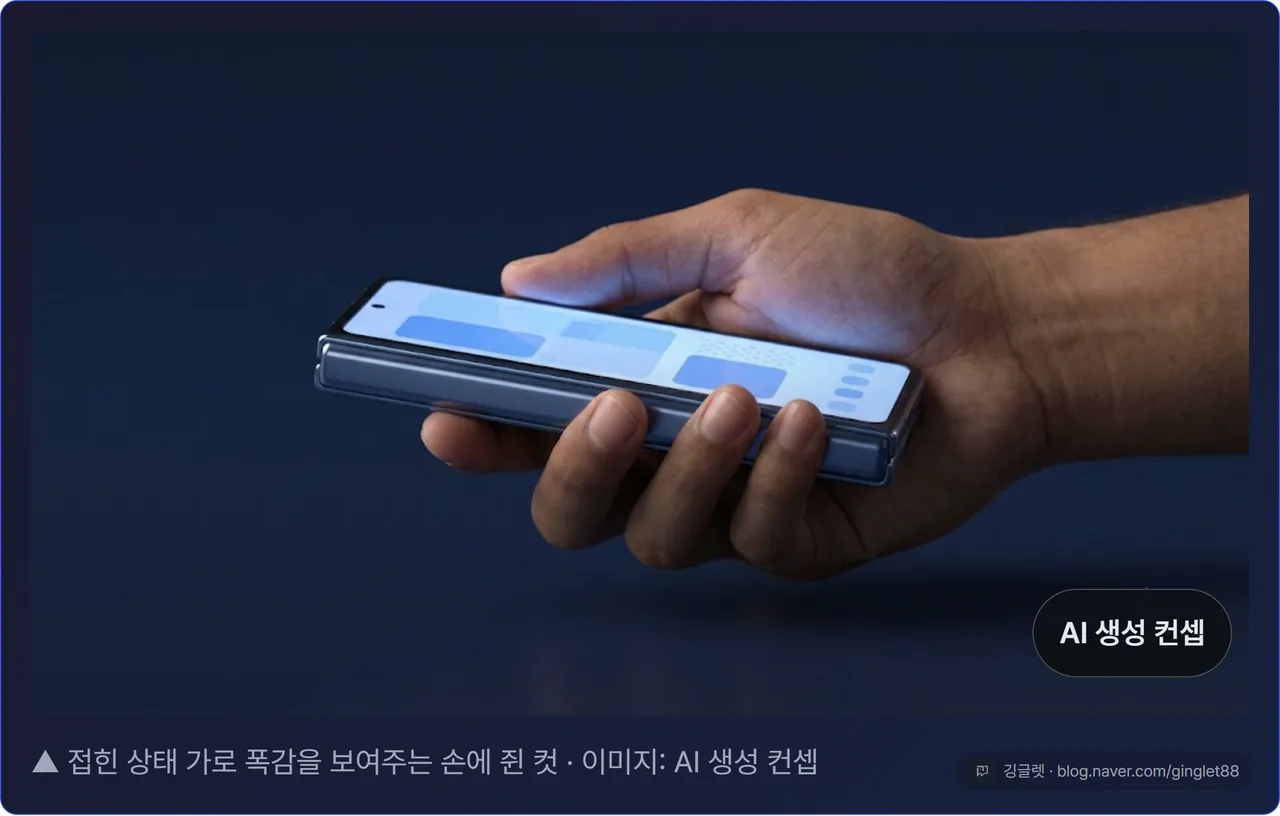 접힌 상태 가로 폭을 비교하는 와이드 폴드 실물/손에 쥔 컷