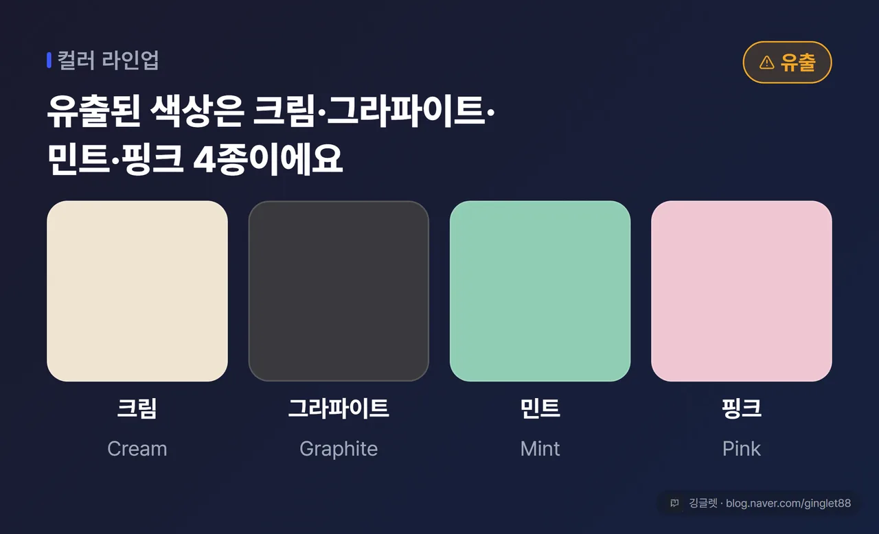 역할=무드 | 유출된 색상 4종(크림·그라파이트·민트·핑크) 컬러 팔레트 컷