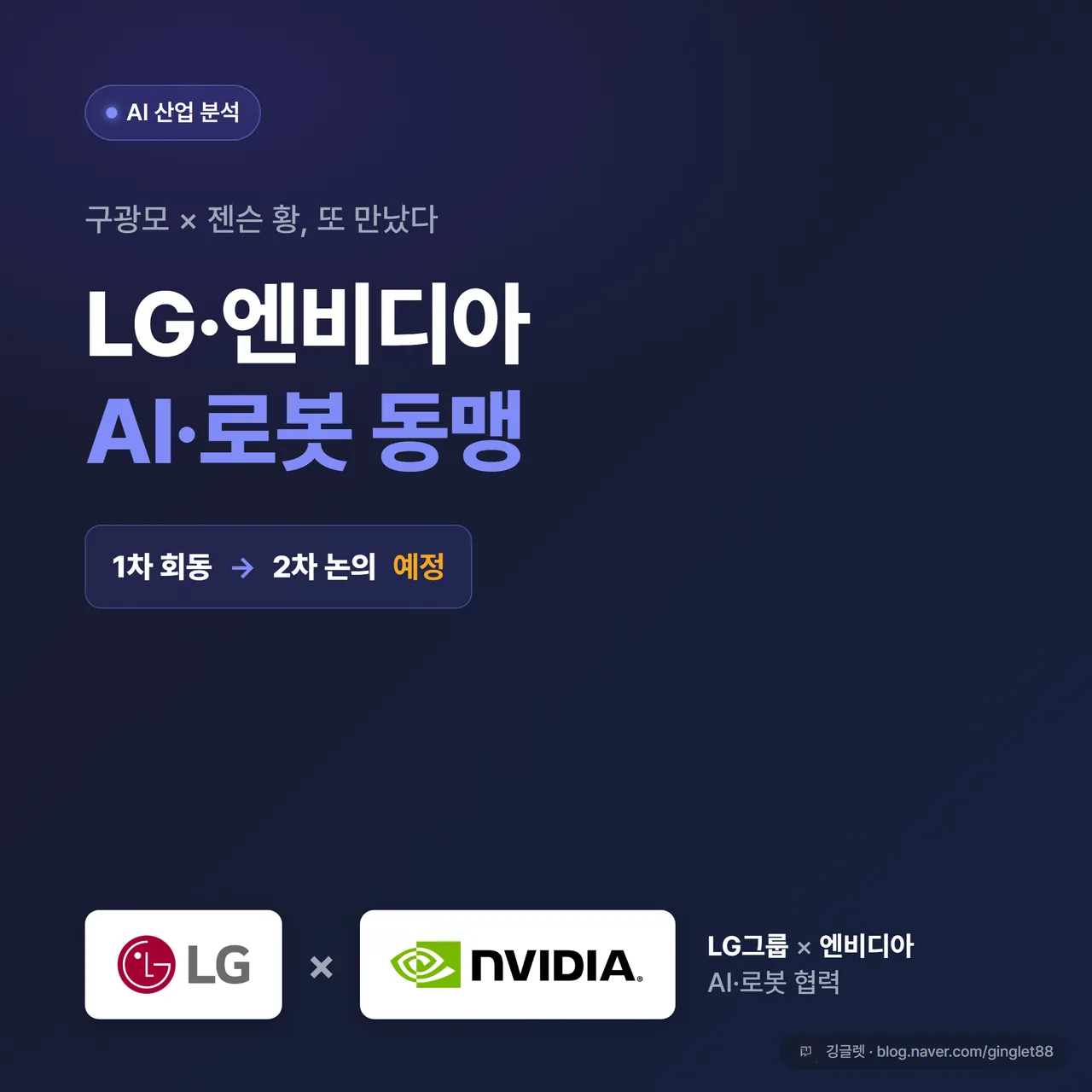 썸네일 - 네이비 배경에 큰 글씨 “구광모 × 젠슨 황 / LG-엔비디아 AI·로봇 동맹”과 작은 글씨 “1차 회동 → 2차 논의 예정”, 우하단 깅글렛 워터마크