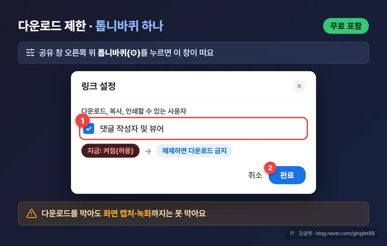 톱니바퀴 설정 화면 목업 - ’다운로드, 복사, 인쇄할 수 있는 사용자’의 ‘댓글 작성자 및 뷰어’ 체크박스를 해제하는 지점에 콜아웃
