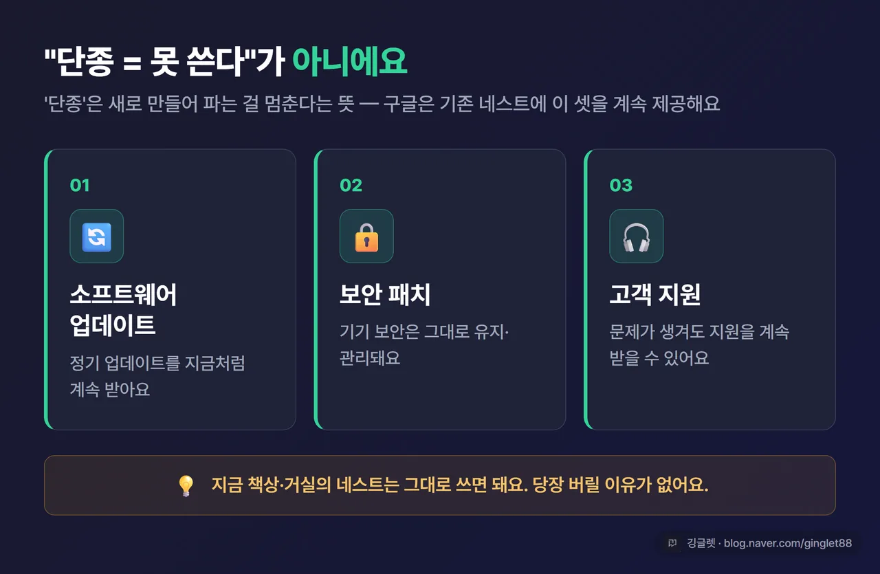 인포그래픽 - “단종 후에도 유지되는 것 3가지: ① 소프트웨어 업데이트 ② 보안 패치 ③ 고객 지원”, 체크 아이콘과 인디고 카드