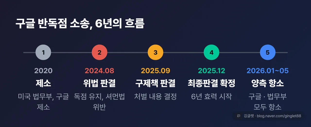판결 타임라인 카드: 2020 제소 → 2024.08 위법 판결 → 2025.09 구제책 판결 → 2025.12 최종판결 확정 → 2026.01~05 양측 항소