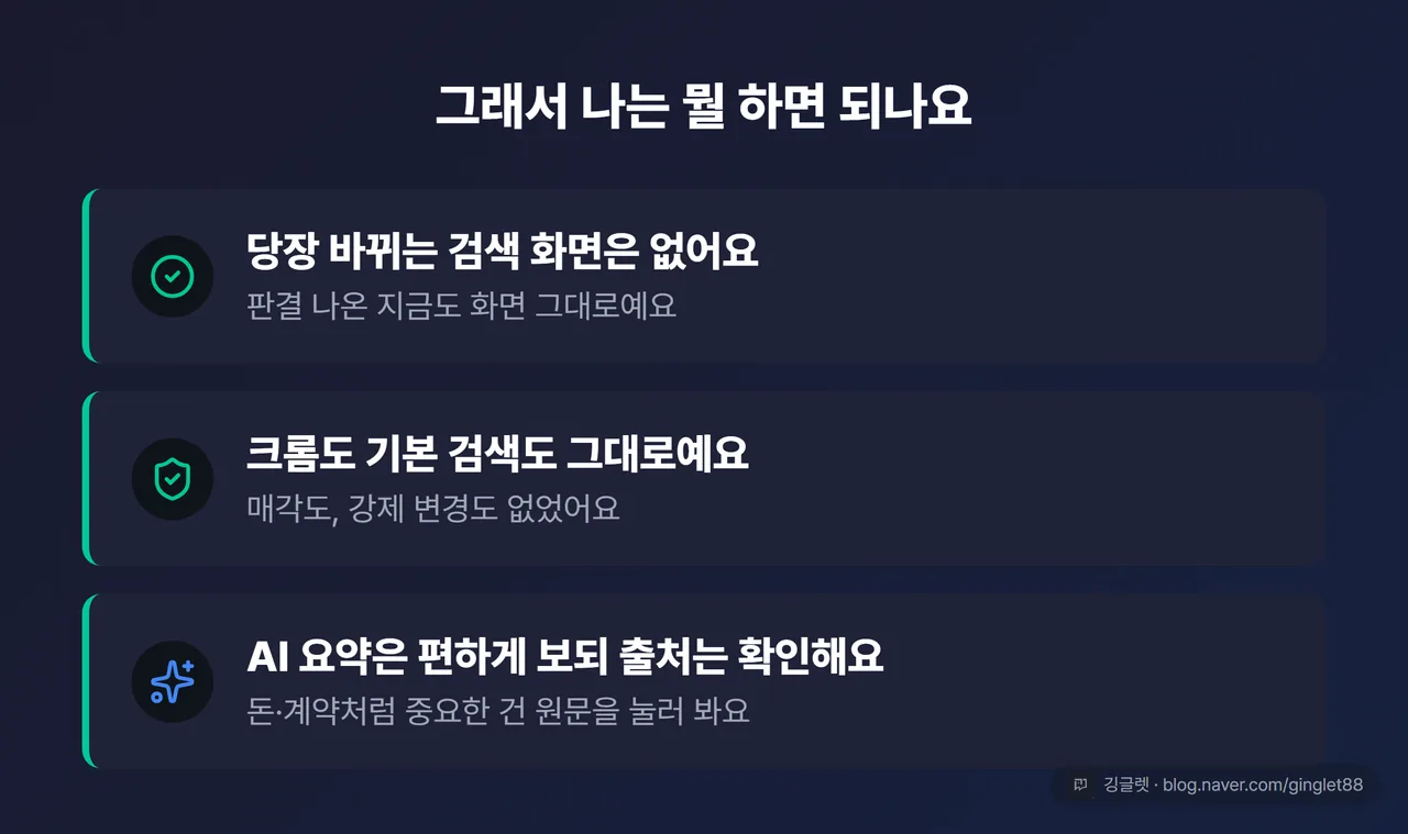 “그래서 나는?” 3줄 정리 카드 — ①당장 바뀌는 검색 화면 없음 ②크롬·기본검색 그대로 ③AI 요약은 편하되 중요 정보는 출처 확인