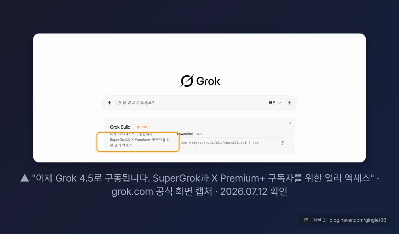 grok.com 실측 스크린샷 - “이제 Grok 4.5로 구동됩니다. SuperGrok과 X Premium+ 구독자를 위한 얼리 액세스” 하이라이트