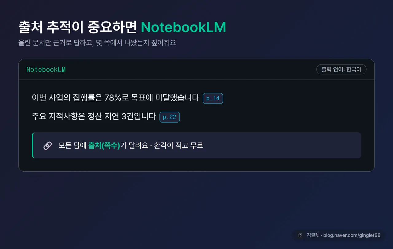 NotebookLM에 PDF 업로드 후 한국어 요약 + 출처(몇 쪽) 표시되는 화면 스크린샷