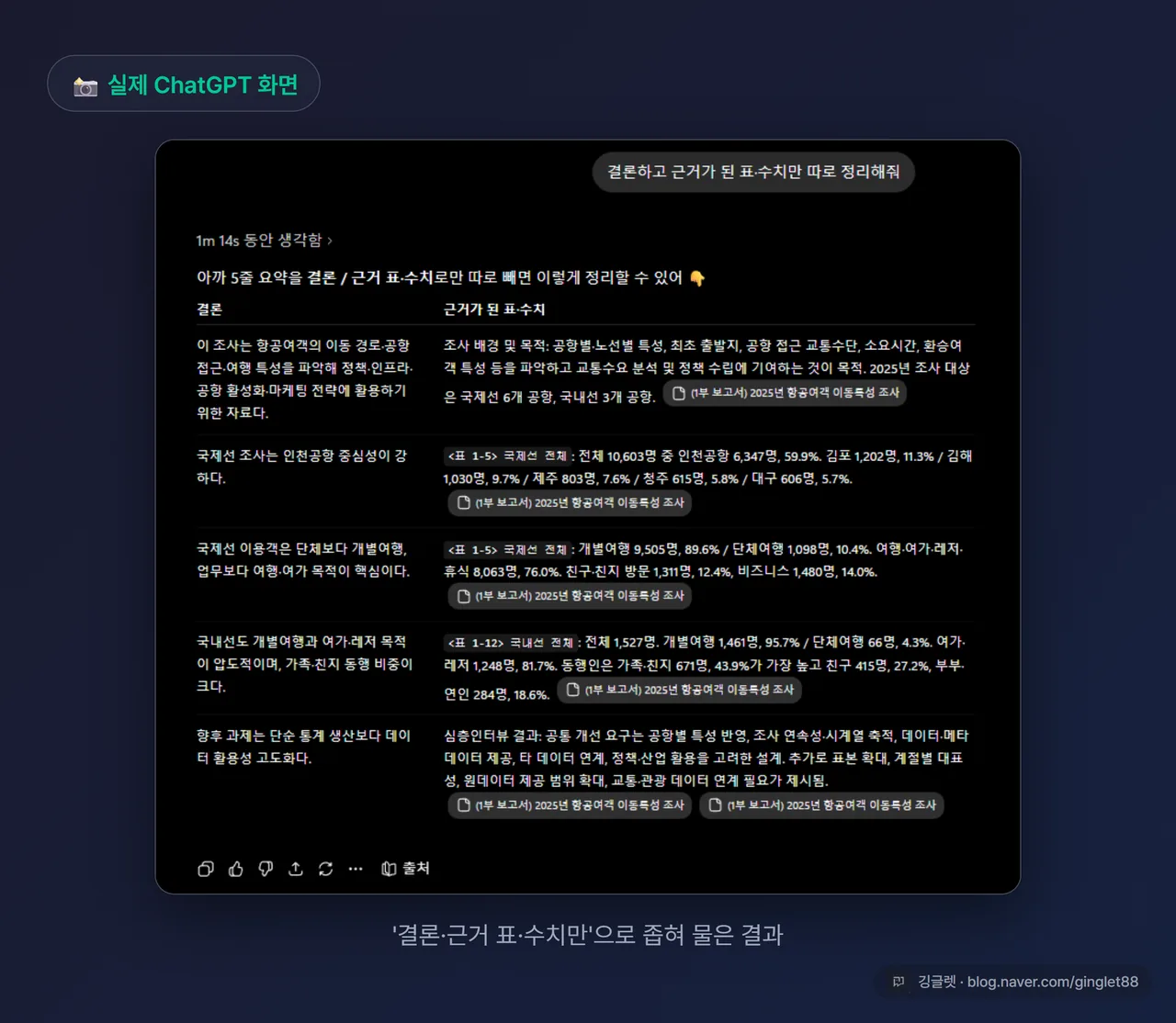 후속 질문으로 “결론과 근거가 된 표·수치만 따로 정리해줘”라고 좁혀 물었을 때 결론·근거가 표로 정리된 실제 화면