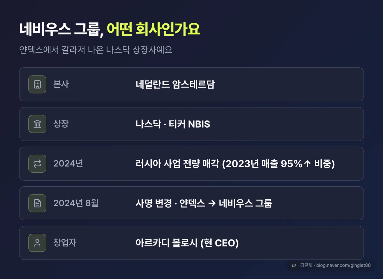 네비우스 그룹 프로필 카드 - 본사 암스테르담, 나스닥 상장(NBIS), 2024년 러시아 사업 전량 매각, 2024년 8월 사명 변경, 창업자 아르카디 볼로시