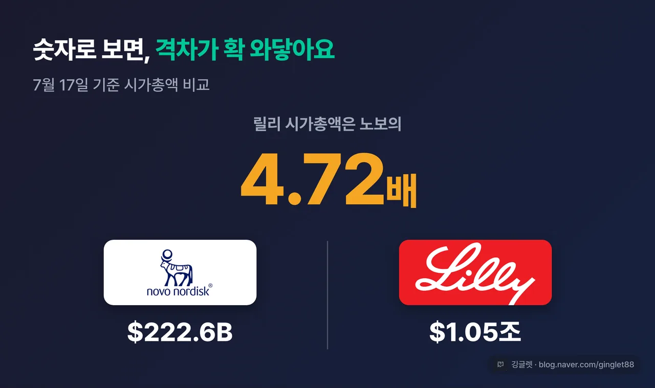 히어로 넘버 “릴리 시총 = 노보의 4.72배” — LLY $1.05조 vs NVO $222.6B(7/17 기준)