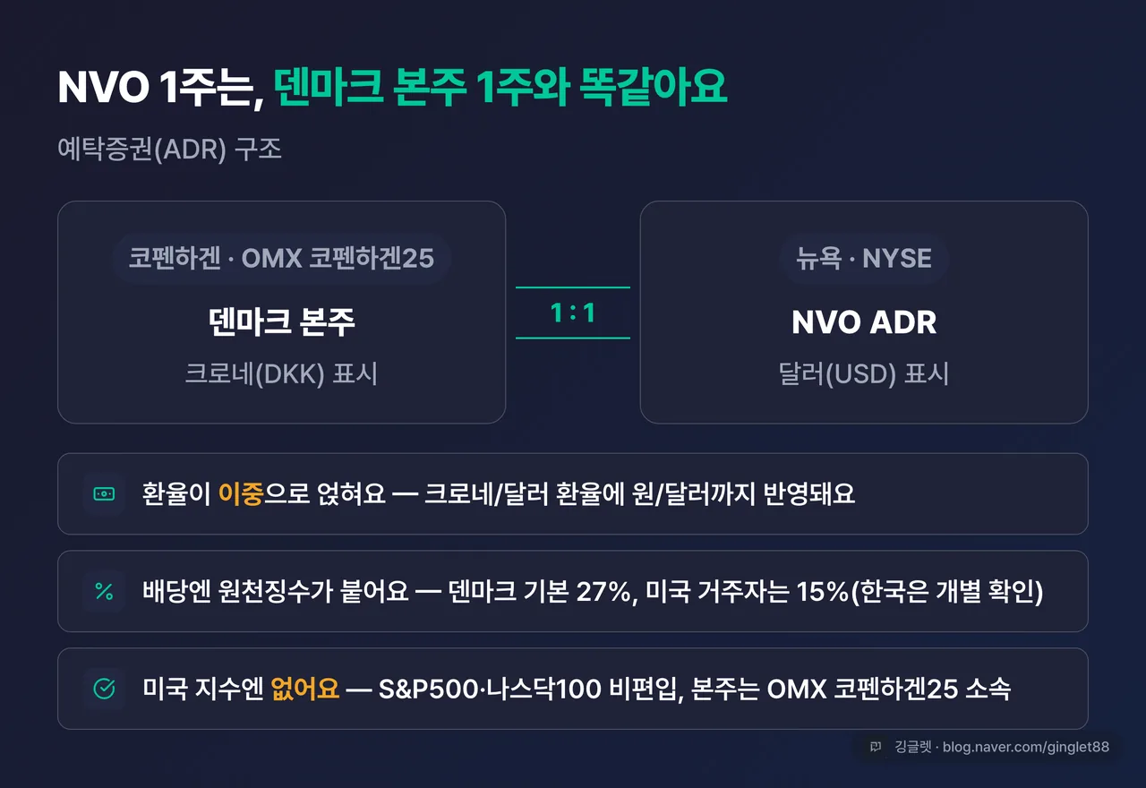 NVO ADR 구조 다이어그램 — 덴마크 본주(코펜하겐, DKK) 1:1 NVO ADR(뉴욕, USD) + 환율 이중·배당 원천징수·미국 지수 비편입 체크 3개