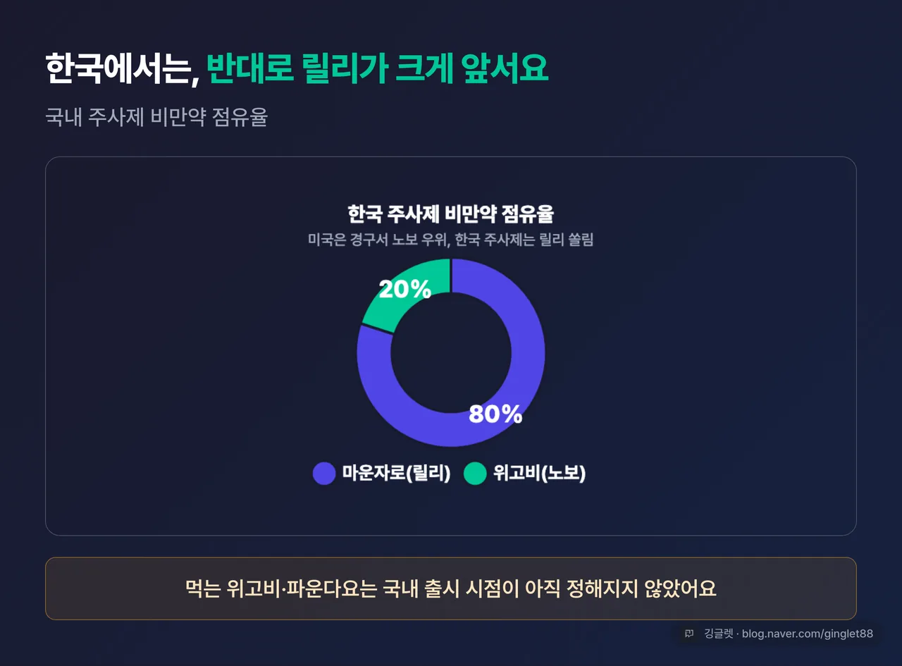 한국 주사제 비만약 점유율 도넛 — 마운자로(릴리) 약 80% vs 위고비(노보) 약 20%