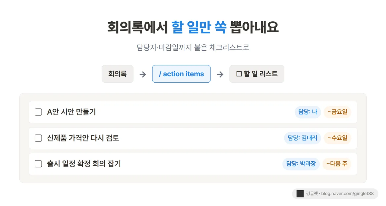 할 일 추출 결과 - 회의록 → /action items → “☐ 체크박스 + 담당자 + 마감일” 형태의 할 일 리스트로 떨어지는 화면