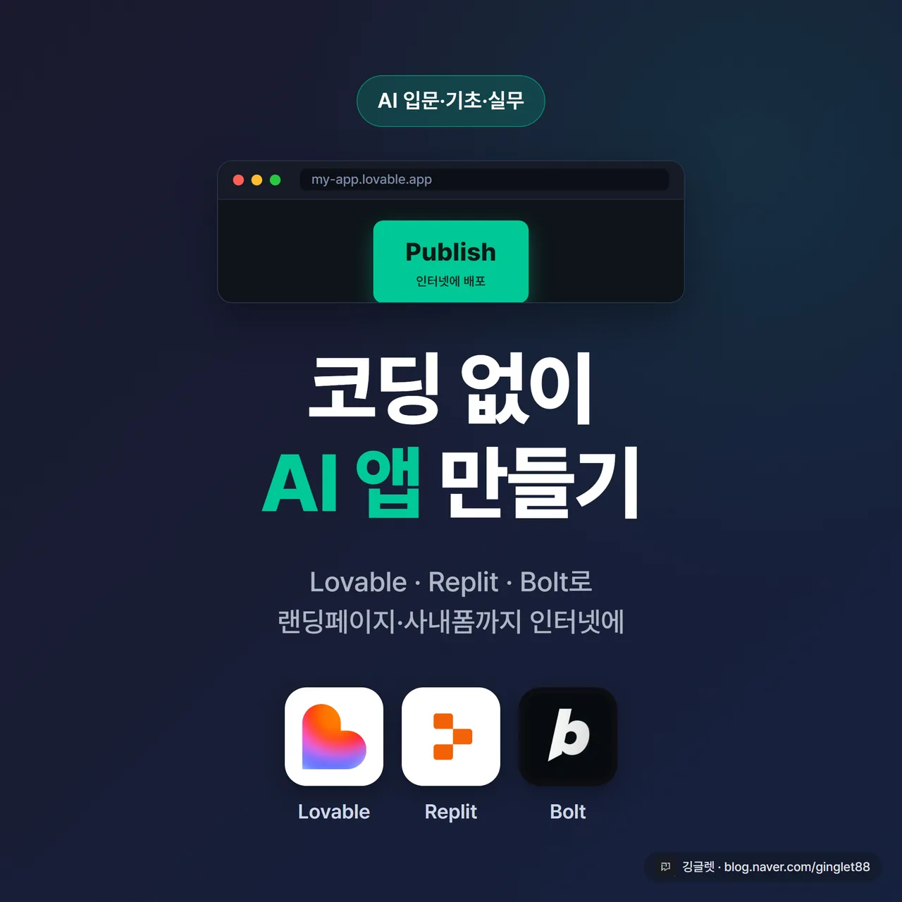 썸네일 - 네이비 배경에 “코딩 없이 AI 앱 만들기” 큰 글씨 + “Lovable · Replit로 랜딩페이지·사내폼까지” 부제, 브라우저 창과 “Publish” 버튼, 그린 포인트, 깅글렛 로고