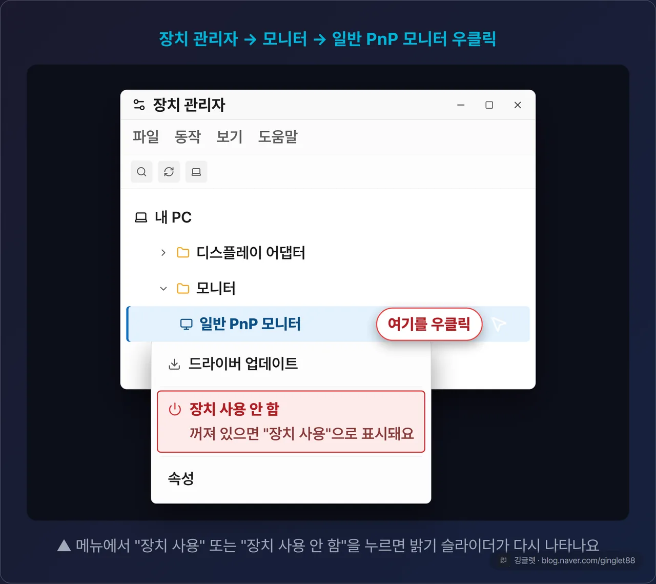 장치 관리자 → 모니터 → “일반 PnP 모니터” 우클릭 컨텍스트 메뉴 UI 목업 - “장치 사용” 또는 “장치 사용 안 함” 항목을 빨간 강조로 지목