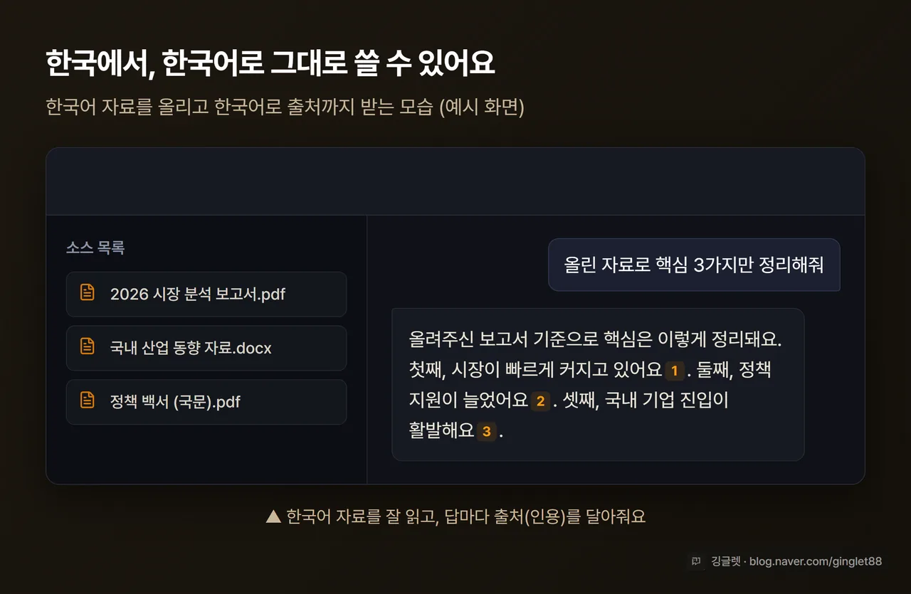 노트북LM 한국어 인터페이스 화면 예시, 한국어 자료를 소스로 올리고 한국어로 답변받는 모습