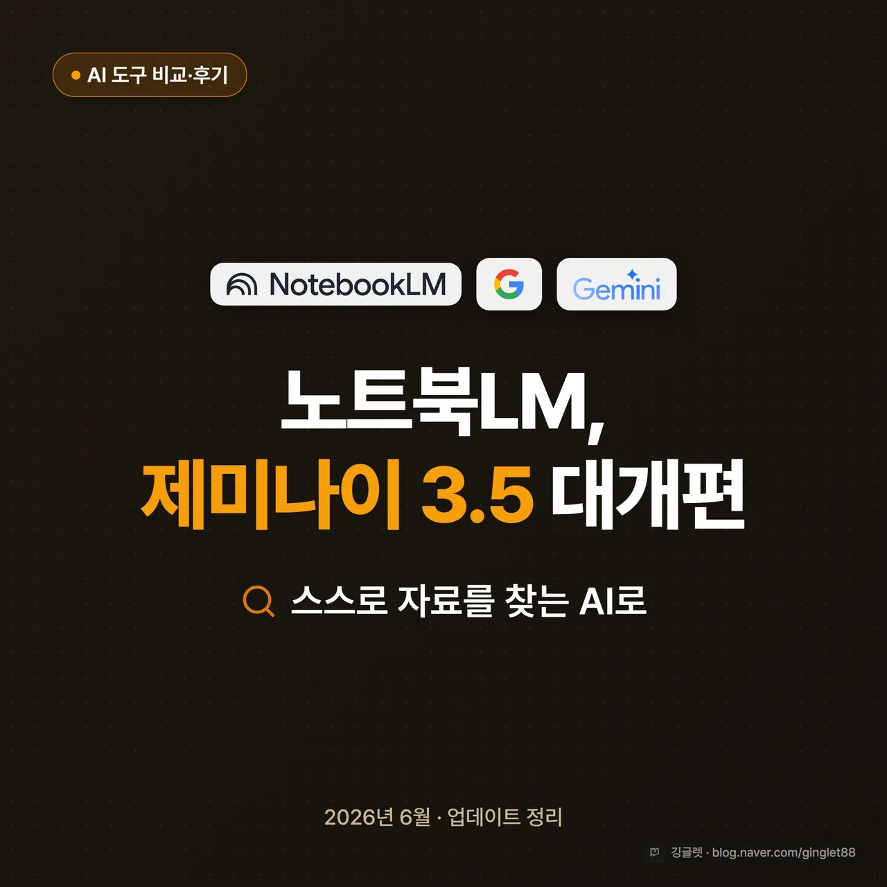 썸네일 - 앰버(#D97706) 베이스 배경에 NotebookLM 로고·Google 로고·Gemini 로고, 큰 텍스트 “노트북LM, 제미나이 3.5 대개편 / 스스로 검색하는 AI로”. 1:1 정사각형