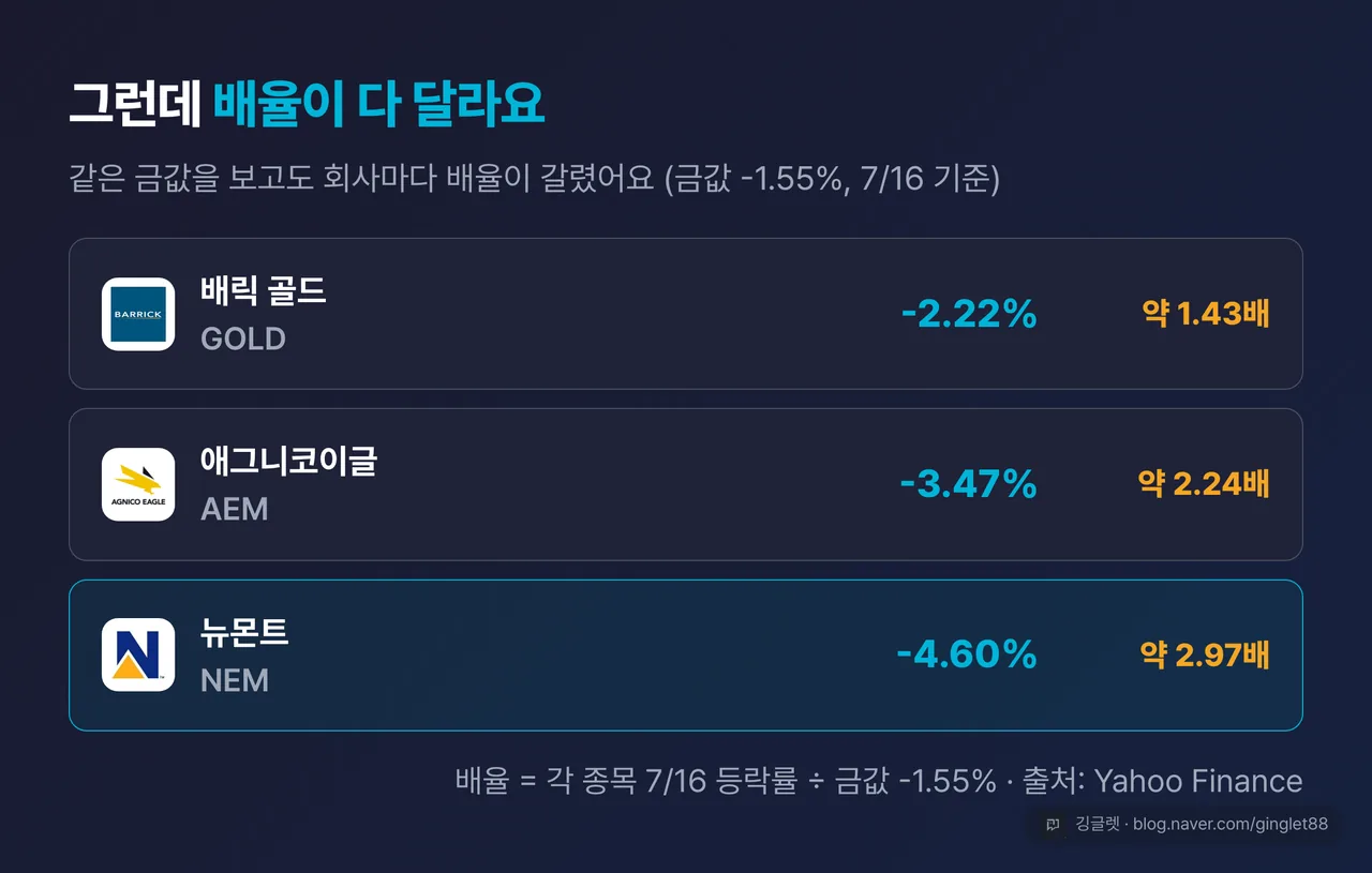 역할=비교 | 종목별 증폭 배율 표 — 금값 -1.55%(7/16) 기준으로 배릭 -2.22%(1.43배) / 애그니코이글 -3.47%(2.24배) / 뉴몬트 -4.60%(2.97배), 배율 순 정렬