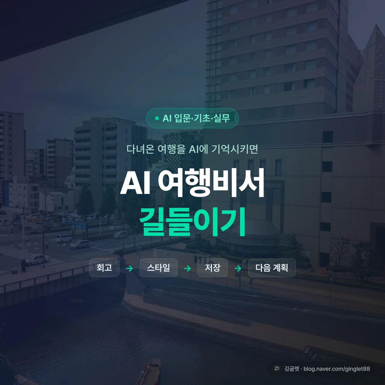 썸네일 - “AI 여행비서 길들이기 / 다음 여행이 똑똑해지는 4단계” 큰 글씨, 후쿠오카 거리 실사진 위에 네이비 반투명 오버레이 + 포인트 그린, 우하단 깅글렛 워터마크