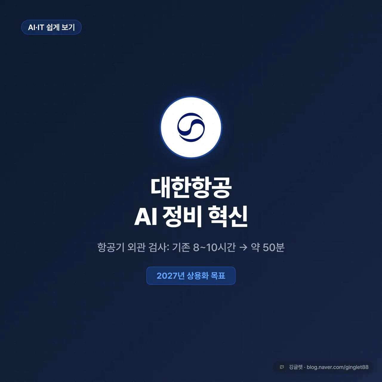 썸네일 - 항공기 동체 앞에 드론과 로버가 협업하는 일러스트, 네이비 배경에 “대한항공 AI 정비 혁신” 텍스트, 그린 포인트