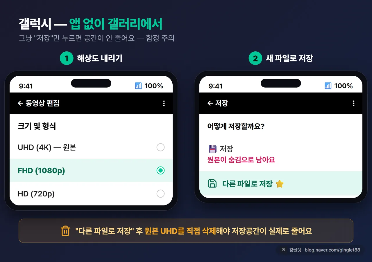 갤럭시 “크기 및 형식” 화면과 “다른 파일로 저장” 2단계