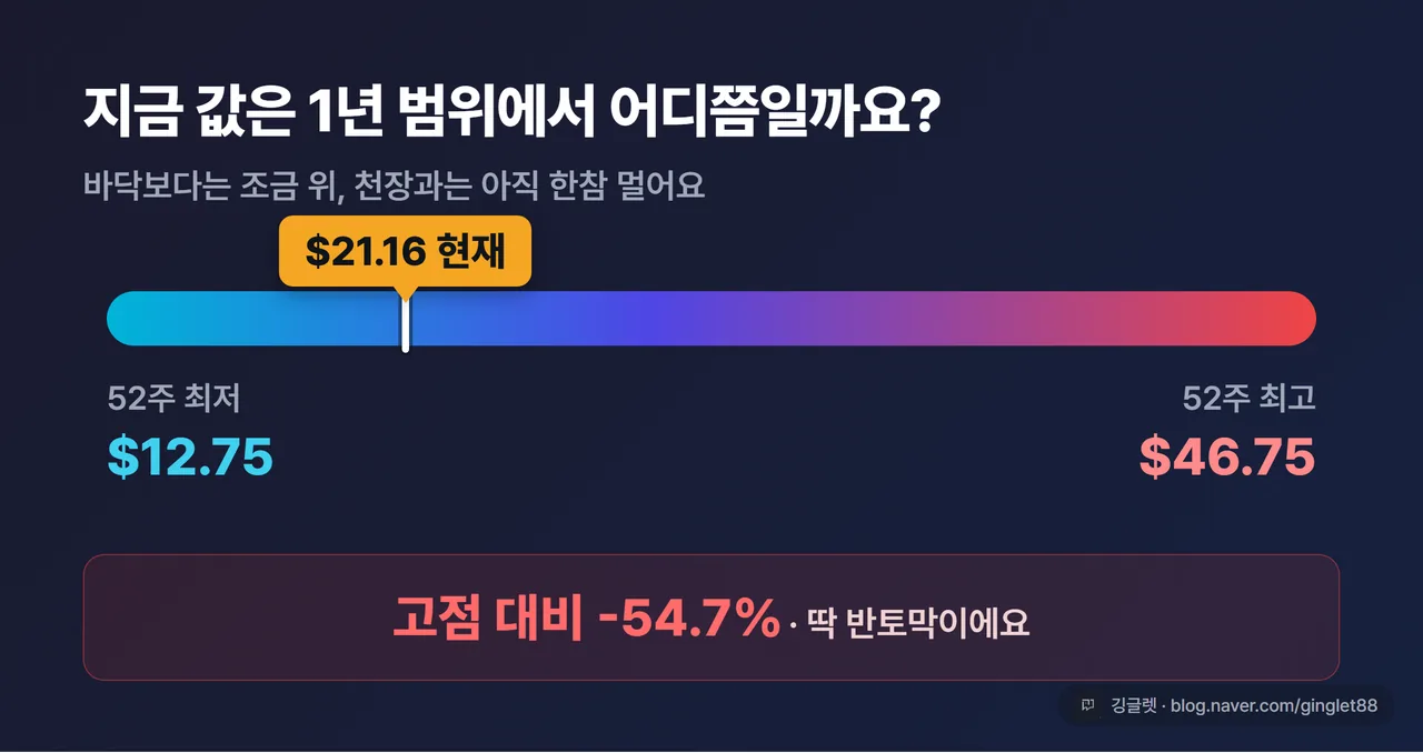 QBTS 52주 고저 게이지 - $12.75~$46.75 중 현재 $21.16