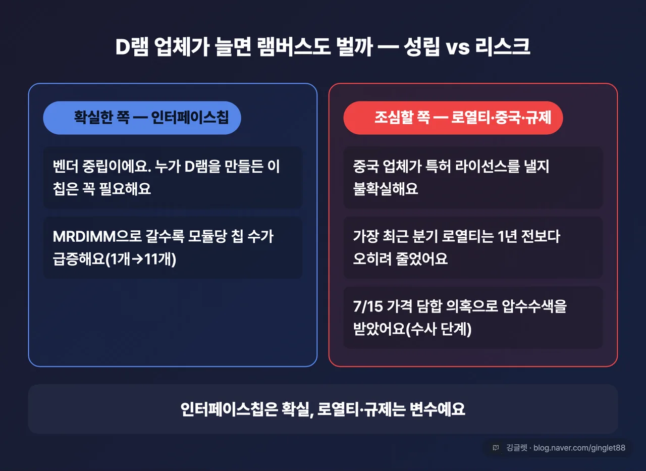 성립 vs 리스크 균형 카드 - 확실한 쪽 인터페이스칩 vs 조심할 쪽 로열티·중국·규제