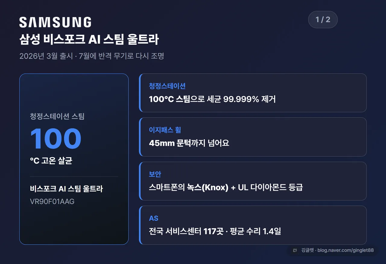 삼성 비스포크 AI 스팀 울트라 - 100℃ 스팀·45mm 문턱·녹스 보안
