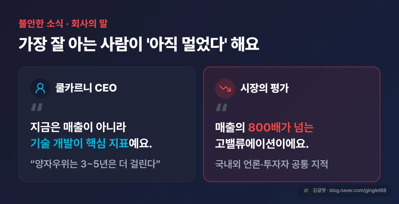 CEO·시장 인용 — 쿨카르니 “지금은 매출이 아니라 기술이 핵심”·“양자우위 3~5년”, 시장 “매출의 800배 고밸류에이션”