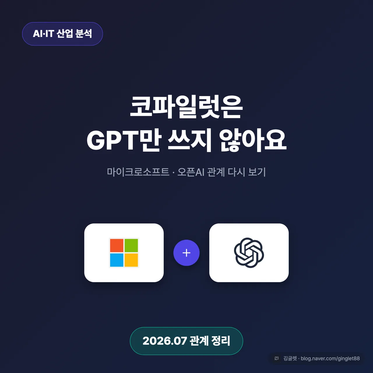 썸네일 - 다크 네이비 배경에 “코파일럿, 이제 GPT 단독이 아니에요” 큰 글씨 + 하단에 마이크로소프트·오픈AI 로고와 “2026.07 관계 정리” 배지