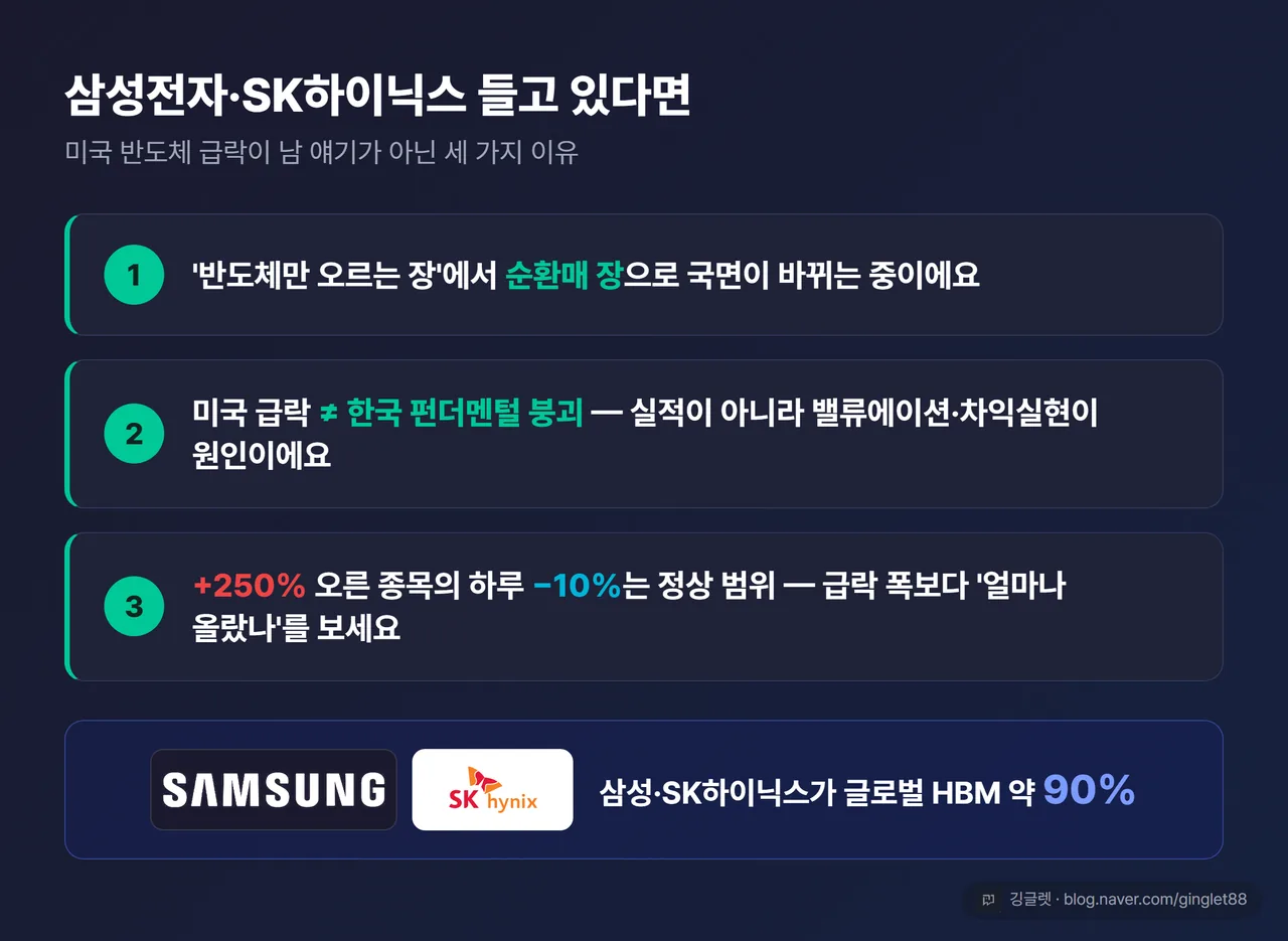 인포그래픽 - ‘한국 투자자가 봐야 할 3줄’ (①반도체 편중 장 → 순환매 장 / ②미국 급락 ≠ 한국 펀더멘털 붕괴, 밸류에이션發 / ③250% 오른 종목 하루 -10%는 정상 범위), + 하단에 “삼성·SK하이닉스 글로벌 HBM 약 90%” 배지, 네이비+그린