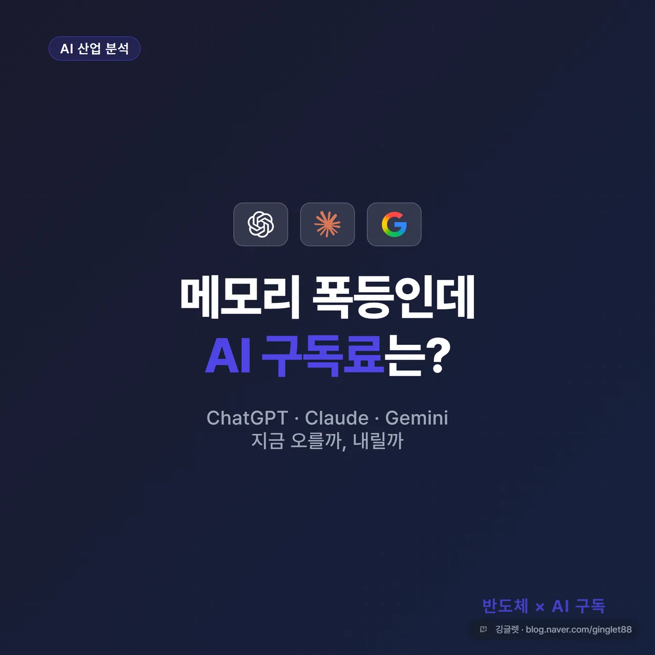 썸네일 - 어두운 네이비 배경에 “메모리 폭등인데 AI 구독료는?” 텍스트 + ChatGPT·Claude·Gemini 로고 코랄 칩 3개, 상단에 반도체 칩 이미지 일러스트