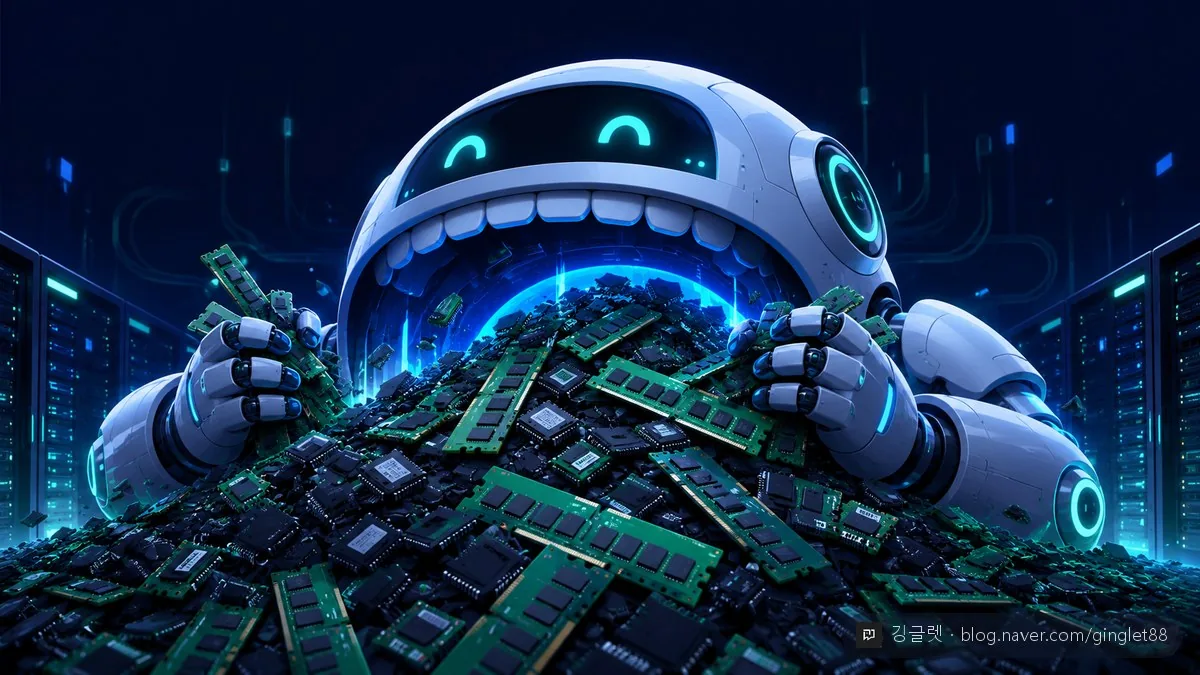 AI 로봇이 초록 D램 메모리 모듈과 검은 메모리 칩을 산더미로 폭식하는 일러스트 — AI의 끝없는 메모리 식탐을 표현한 한 컷