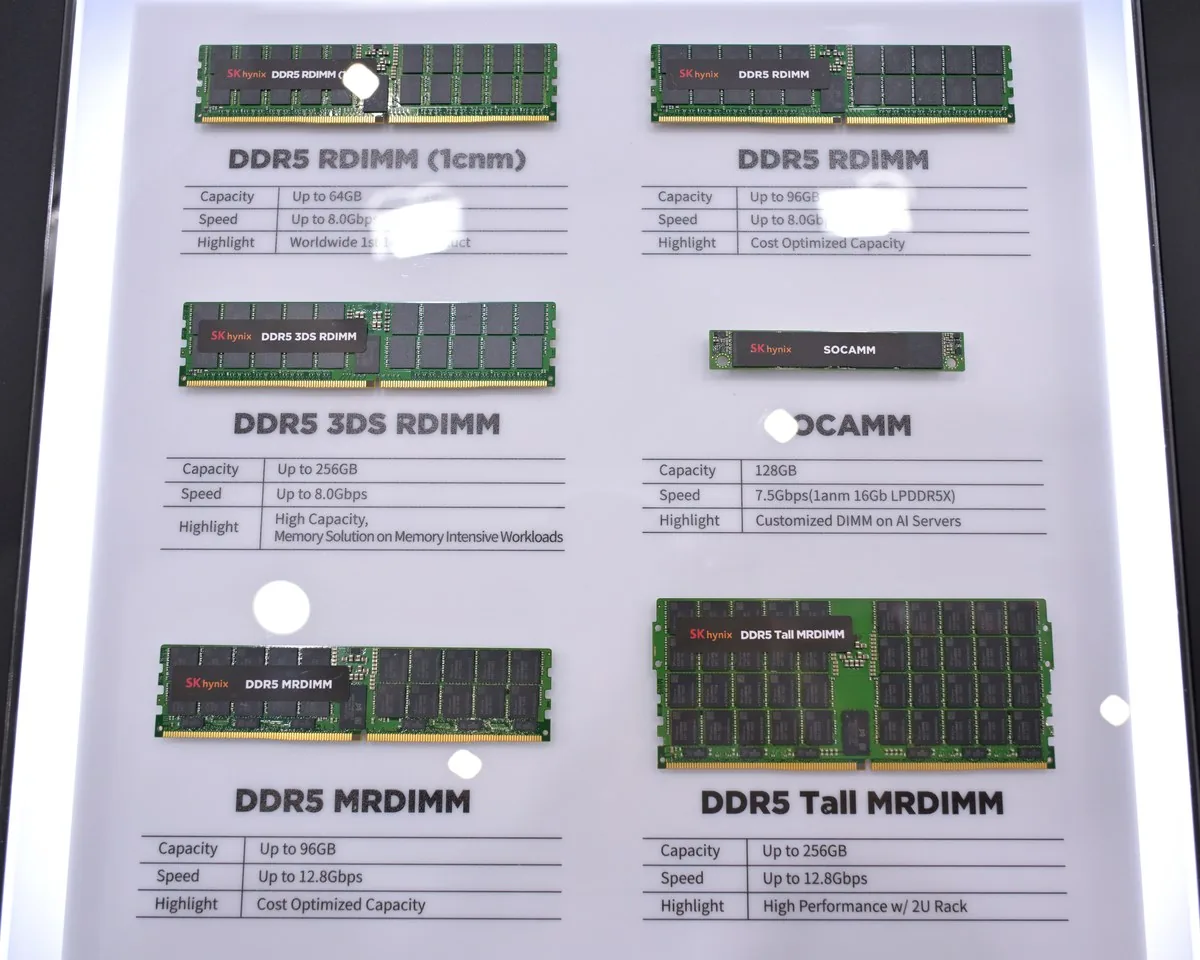 실제 SK하이닉스 DDR5 D램 메모리 모듈 여러 종류 — 초록 기판에 검은 D램 칩이 줄지어 박힌 모습