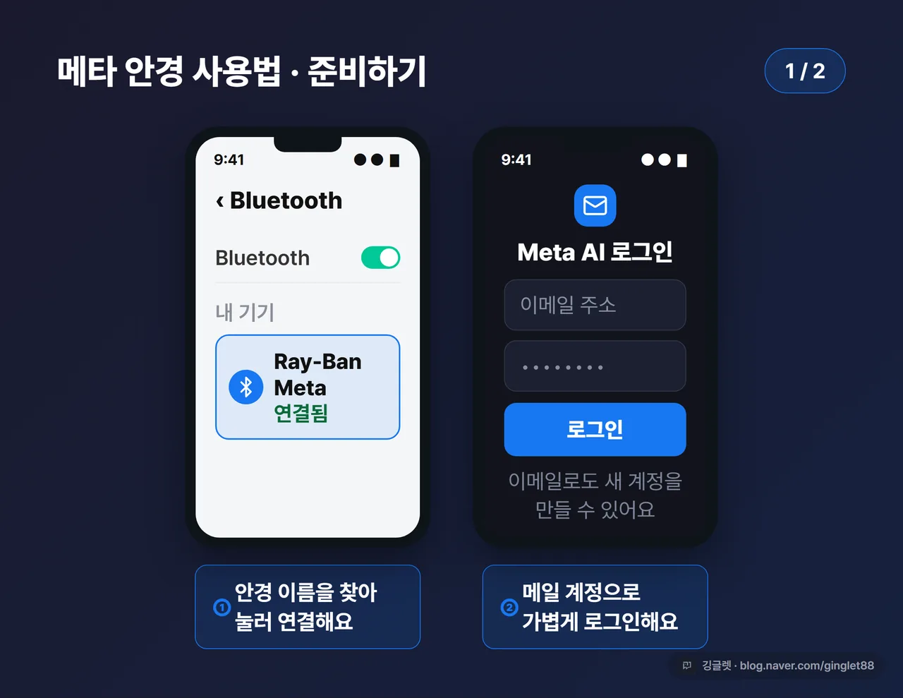 사용법 1~2단계 UI 목업 (블루투스 페어링 화면 + 메타 AI 앱 로그인 화면, 콜아웃) (시리즈 1/2)