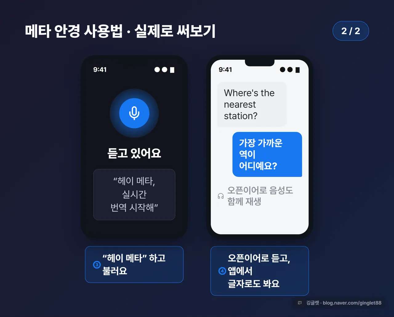 사용법 3~4단계 UI 목업 (“헤이 메타” 음성 호출 + 오픈이어 청취·앱 텍스트 확인 화면, 콜아웃) (시리즈 2/2)