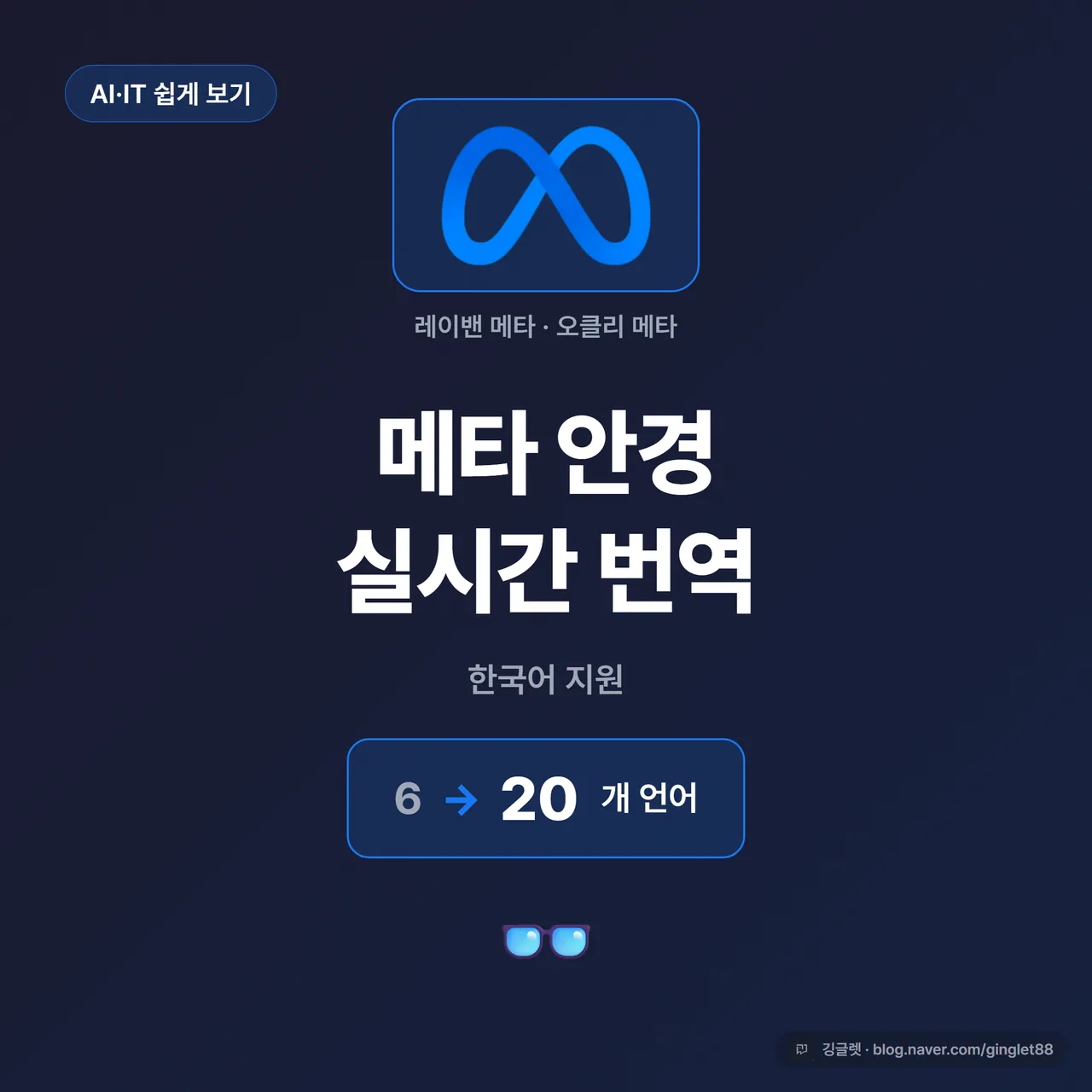 썸네일 - 다크 네이비 배경에 메타 로고(다크 칩)와 안경 아이콘, 큰 제목 “메타 안경 실시간 번역”, 부제 “한국어 지원 · 6→20개 언어”