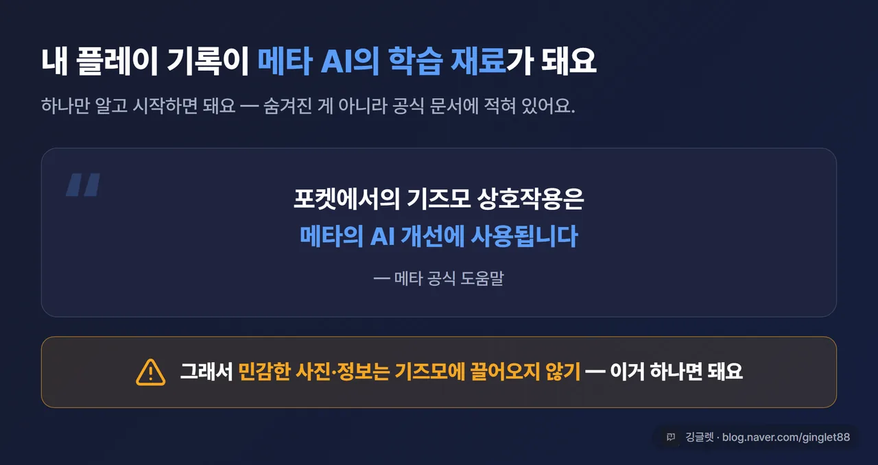 데이터 고지 카드 — 메타 공식 문구 “기즈모 상호작용은 메타의 AI 개선에 사용됩니다”와 민감한 사진·정보는 끌어오지 않기 팁
