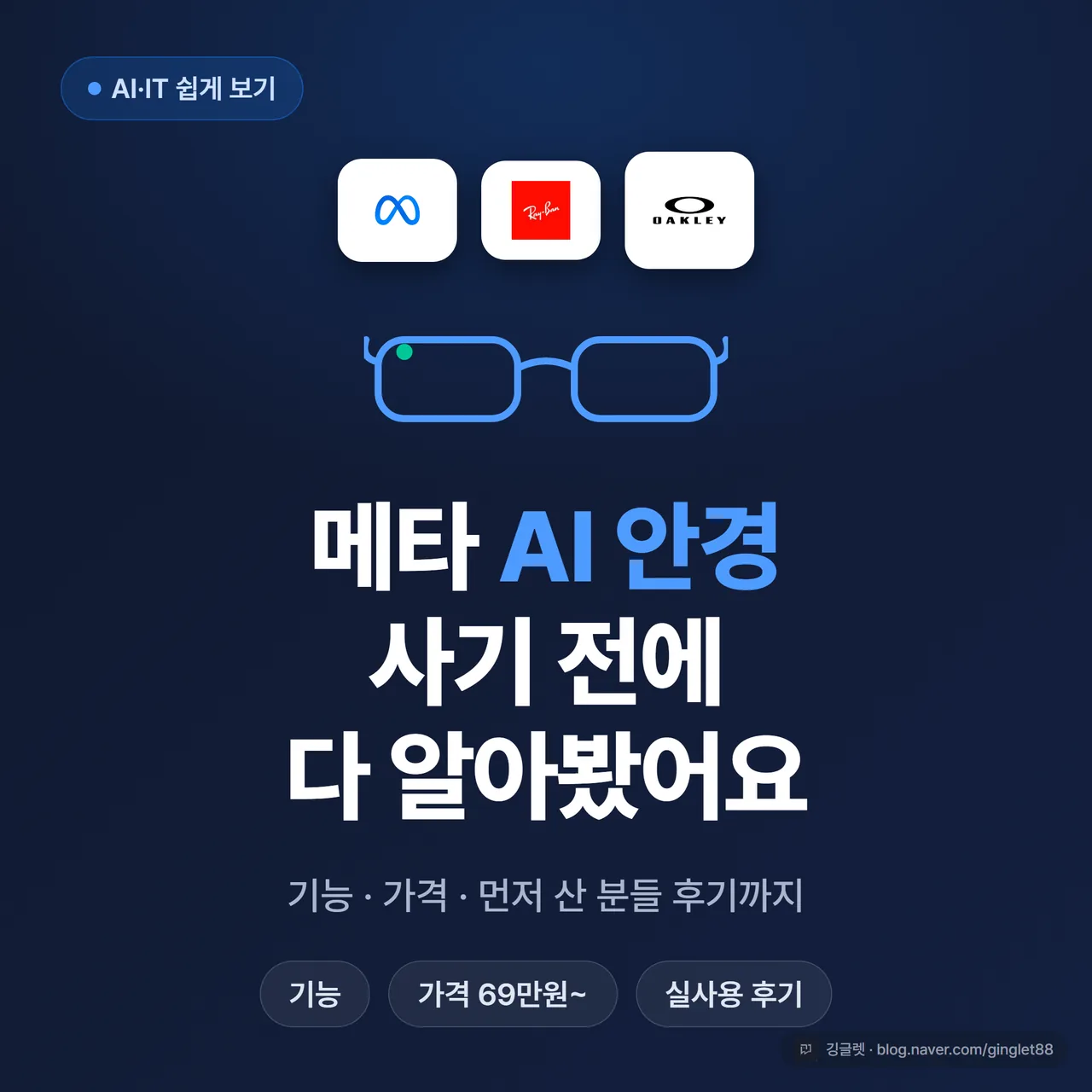 썸네일 - 레이밴 메타 안경 실루엣 + “메타 AI 안경 / 사기 전에 다 알아봤어요” 큰 글씨, 네이비 배경에 그린 포인트. 우측 하단에 “기능·가격·후기” 작은 라벨
