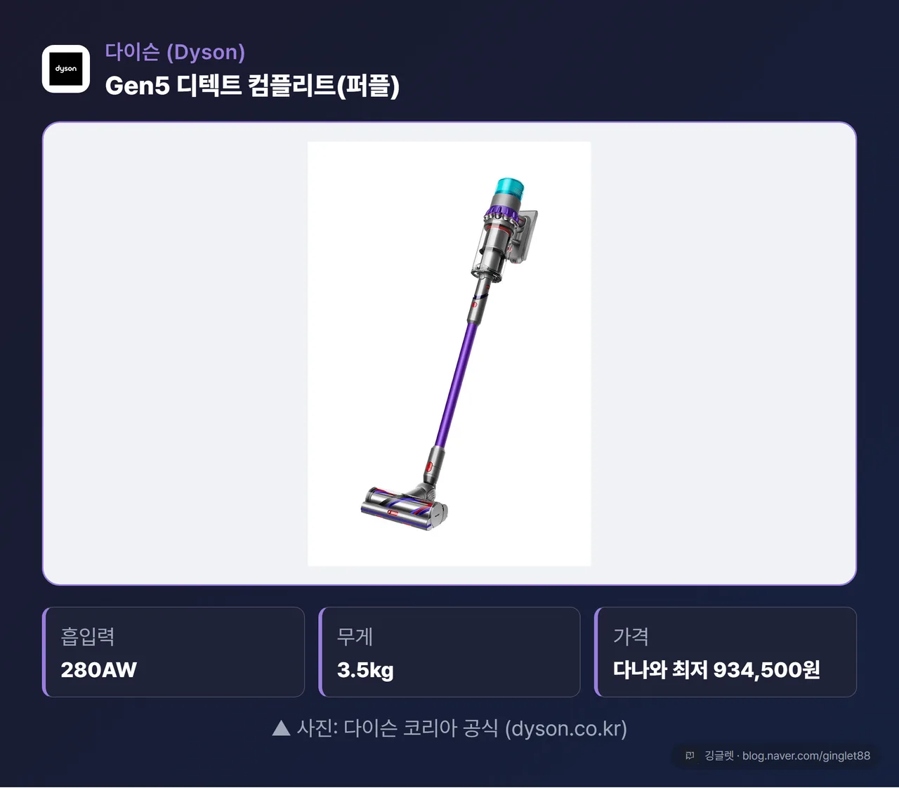 다이슨 Gen5 디텍트 컴플리트(퍼플) 제품 전체샷 · 사진: 다이슨 코리아 공식