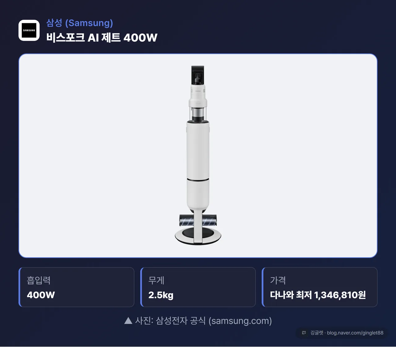 삼성 비스포크 AI 제트 400W + 청정스테이션 결합 정면 전체샷 · 사진: 삼성전자 공식
