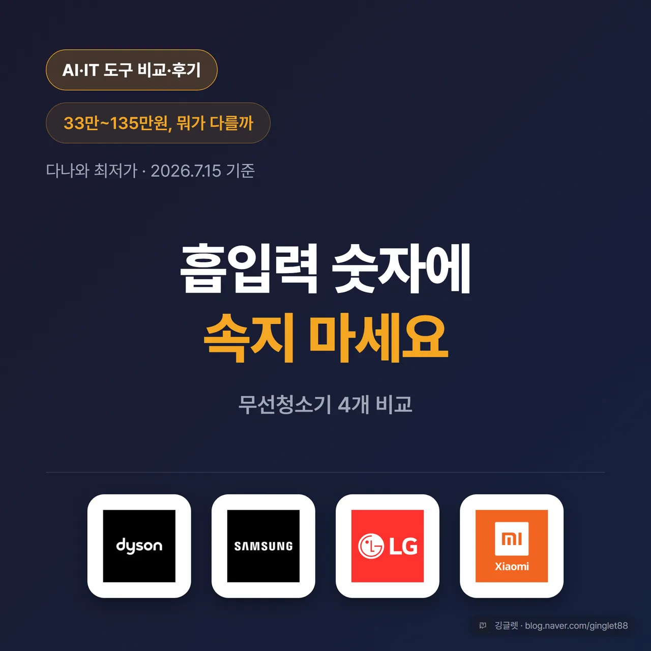 썸네일 - 다크 네이비 배경에 “무선청소기 4개 비교” 큰 헤드라인 + 하단에 다이슨·삼성·LG·샤오미 제품 실루엣 카드 + 상단 칩 “33만~135만, 뭐가 다를까” | 1:1 모바일 대형