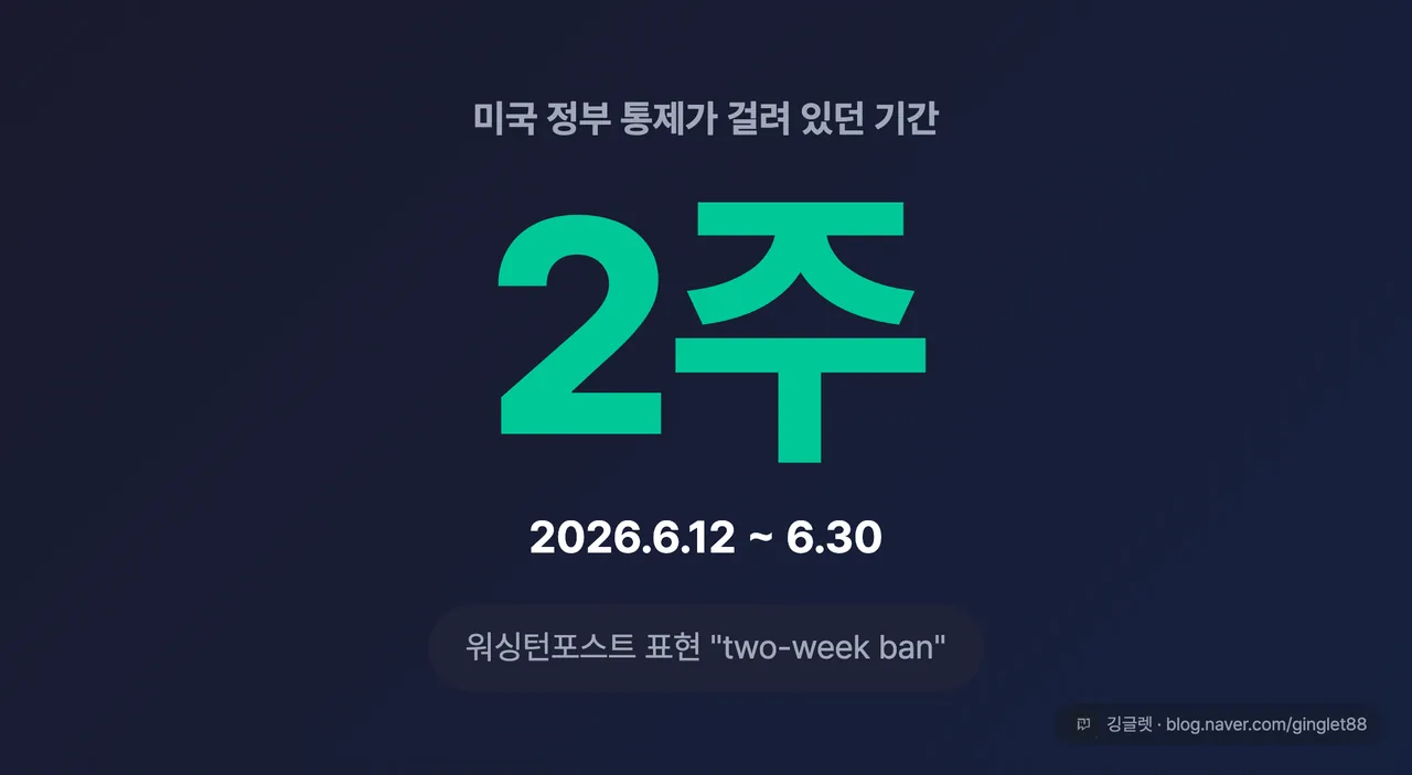 히어로 넘버 ‘2주’ 카드 — “미국 정부 통제가 걸려 있던 기간: 2026.6.12 ~ 6.30” + 작은 글씨 “워싱턴포스트 표현 ‘two-week ban’”