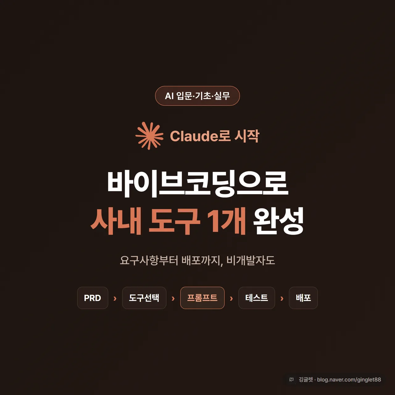 썸네일 - 네이비 배경에 “바이브코딩 사내 도구 1개 완성”과 PRD→도구선택→프롬프트→테스트→배포 5단계 흐름 아이콘, 깅글렛 로고