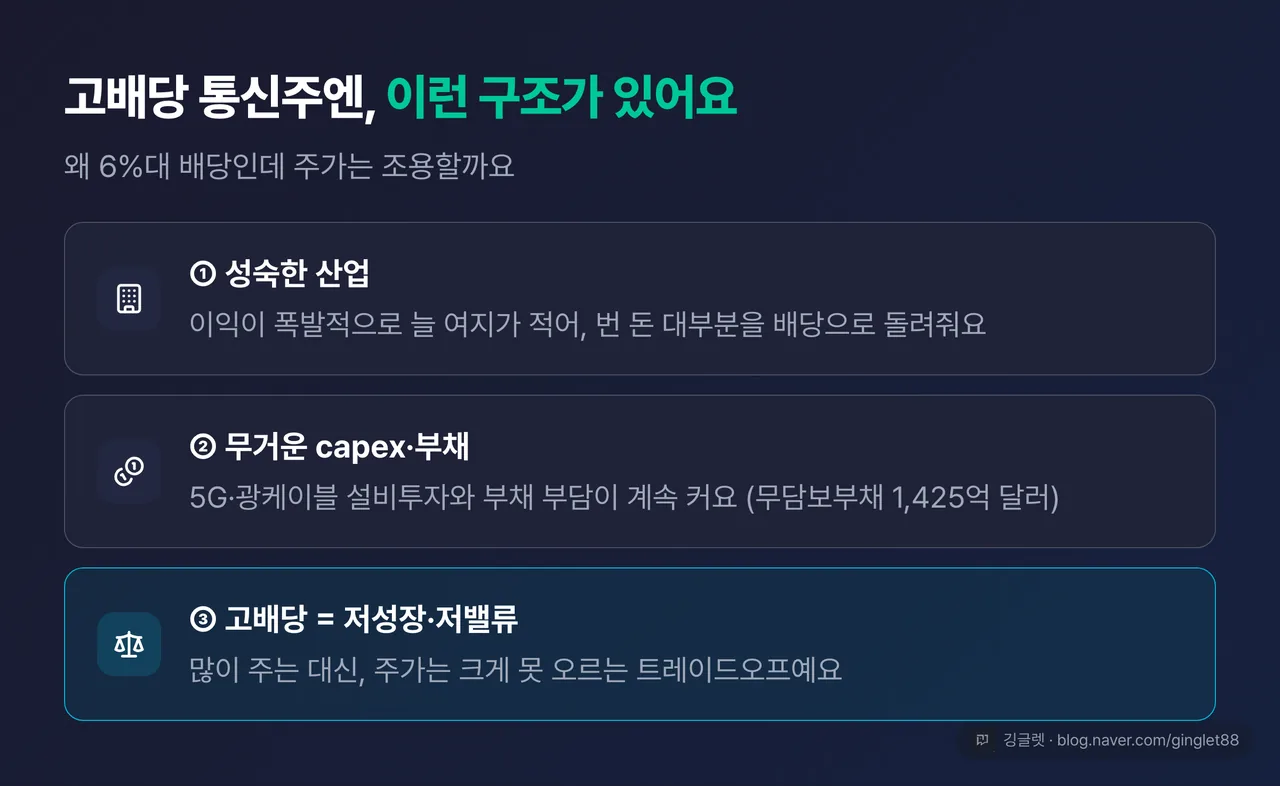 역할=요약 | 고배당·저밸류 구조 카드 — “왜 6% 배당인데 주가는 조용한가” 아래 3요소: ①성숙 산업→이익을 배당으로 ②capex·부채 부담 ③고배당=저성장·저밸류 트레이드오프
