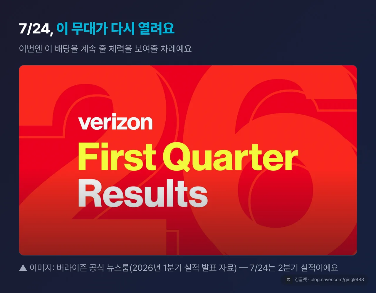 역할=무드 | 버라이즌 공식 실적 발표 히어로 이미지(1Q 2026) — 다크 카드 처리, 하단 캡션 “이미지: 버라이즌 공식 뉴스룸”